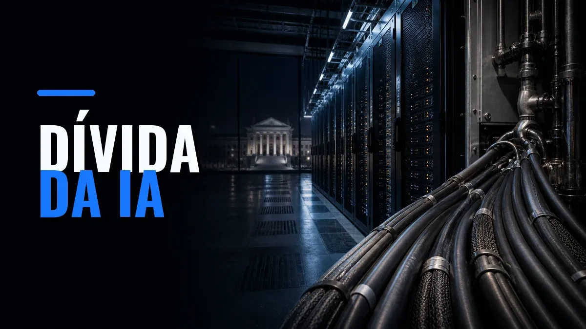 Data center escuro com feixes de cabos voltados aos servidores e um edifício institucional ao fundo, junto ao texto Dívida da IA.