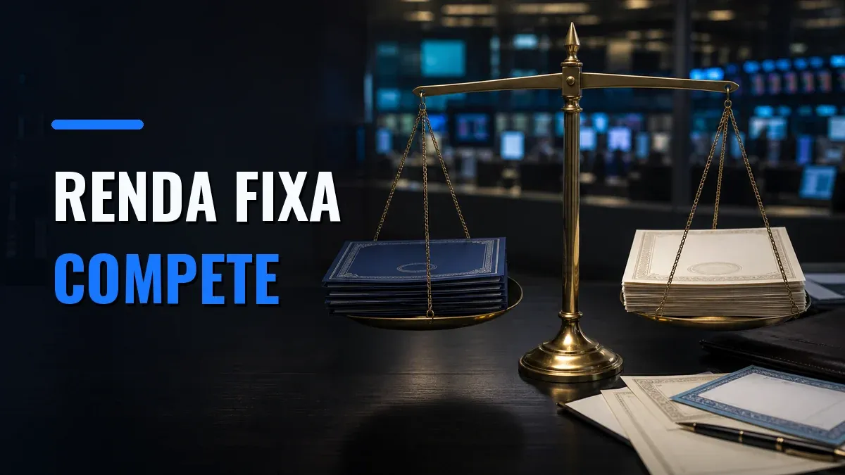 Uma balança compara documentos que representam títulos públicos e ações, com a chamada ‘RENDA FIXA COMPETE’.
