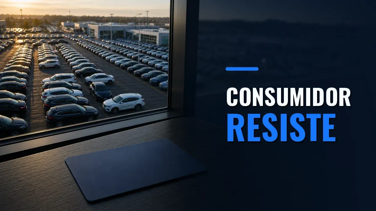 Fileiras de carros em uma concessionária vistas de um escritório, ao lado de um cartão azul sem marca, com o texto Consumidor resiste.