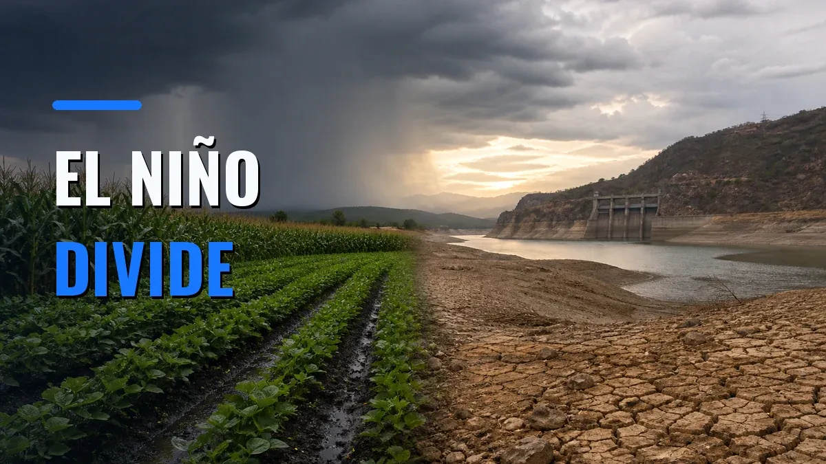 Composição mostra lavoura verde sob chuva à esquerda e reservatório baixo com solo rachado à direita, sob a chamada ‘EL NIÑO DIVIDE’.