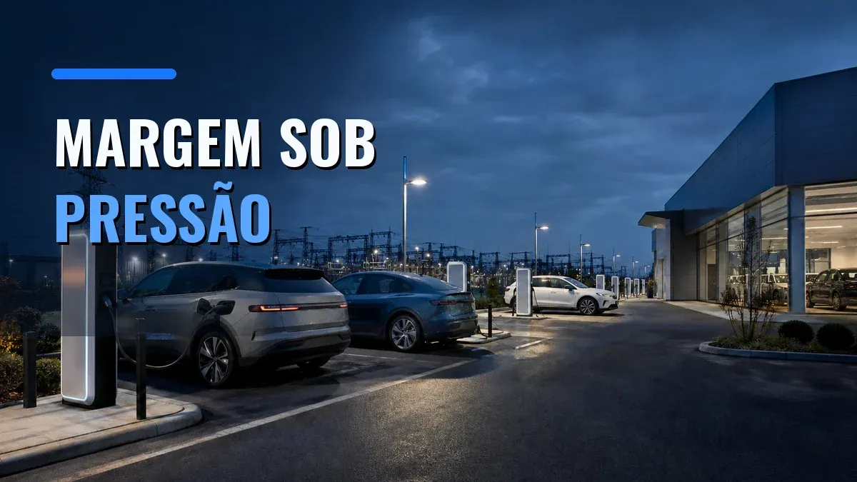 Carros elétricos conectados a carregadores diante de uma subestação e de uma concessionária na Europa.