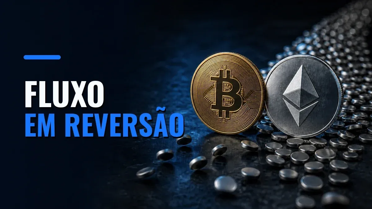 Moedas físicas de Bitcoin e Ether diante de um fluxo de discos metálicos, com o texto Fluxo em reversão.