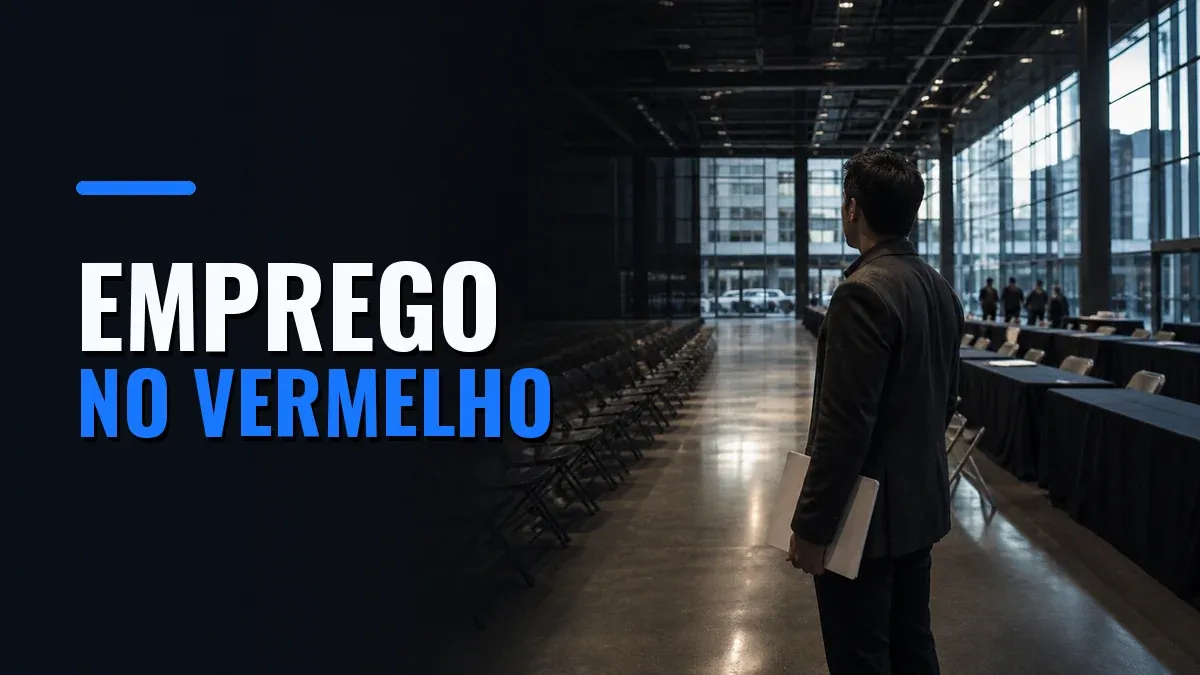 Pessoa com currículo diante de fileiras vazias em uma feira de empregos, ao lado do texto Emprego no vermelho.