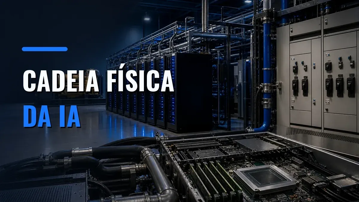Corredor de servidores conectado a equipamentos elétricos, refrigeração e grandes geradores que sustentam a infraestrutura da inteligência artificial.