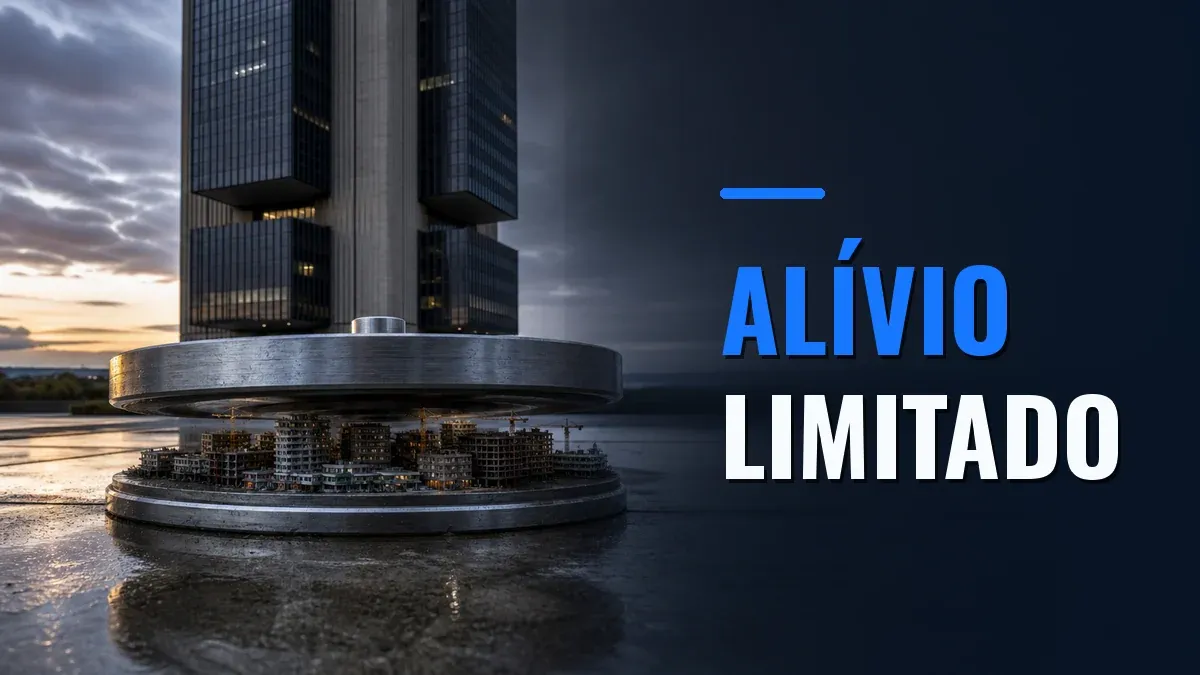 Um pesado disco de aço paira sobre uma miniatura de edifícios diante de uma torre modernista, com a chamada Alívio limitado.
