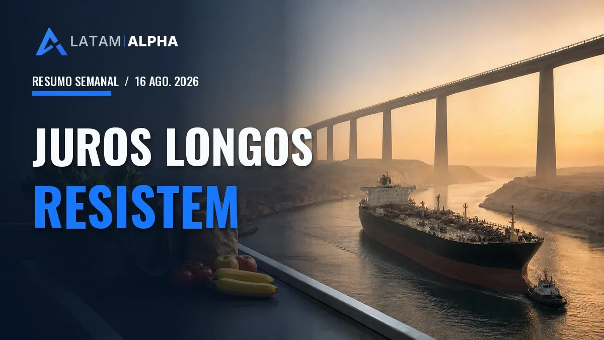 Sacola com alimentos diante de um petroleiro atravessando um estreito sob uma ponte elevada, com a chamada Juros longos resistem.