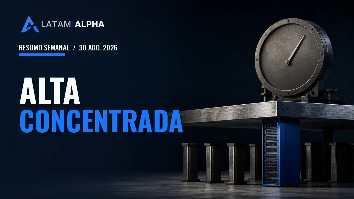 Plataforma metálica sustentada por uma única coluna tecnológica azul, com apoios laterais mais baixos e um medidor elevado, sob a chamada Alta concentrada.