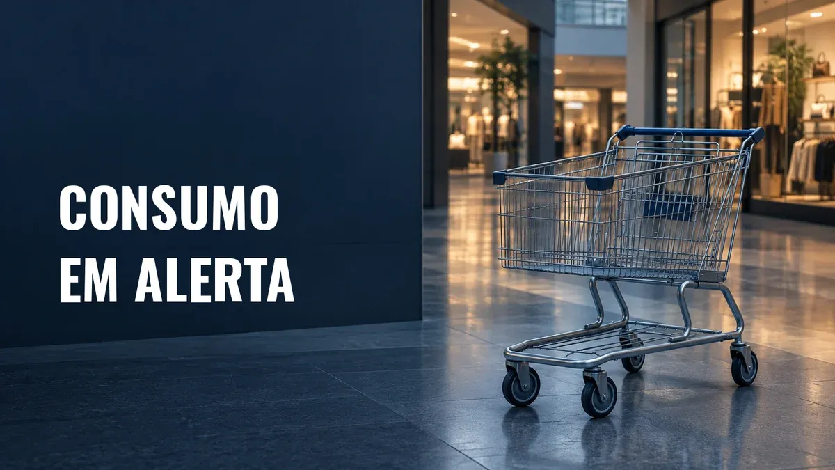 Carrinho de compras vazio em um corredor de lojas, com a chamada Consumo em alerta.