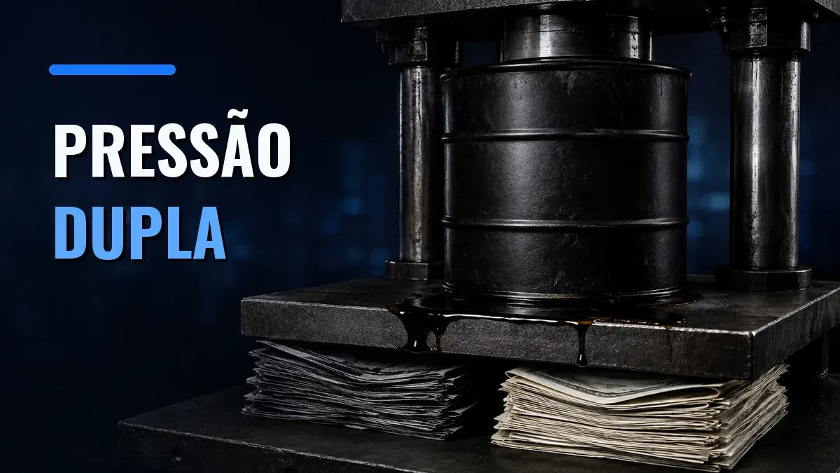 Barril de petróleo sob uma prensa metálica comprime duas pilhas de documentos financeiros, com a chamada Pressão dupla.