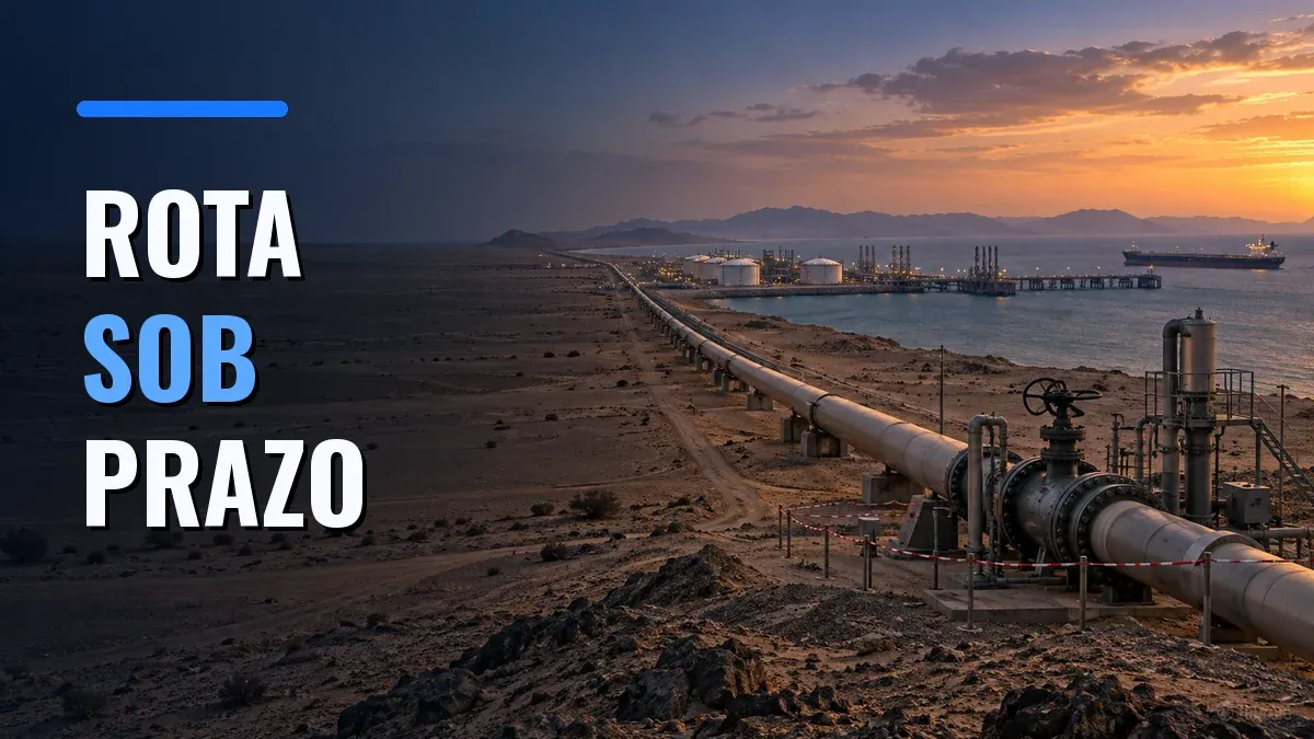 Oleoduto atravessa o deserto saudita rumo a um terminal no mar Vermelho, sob a chamada ROTA SOB PRAZO.