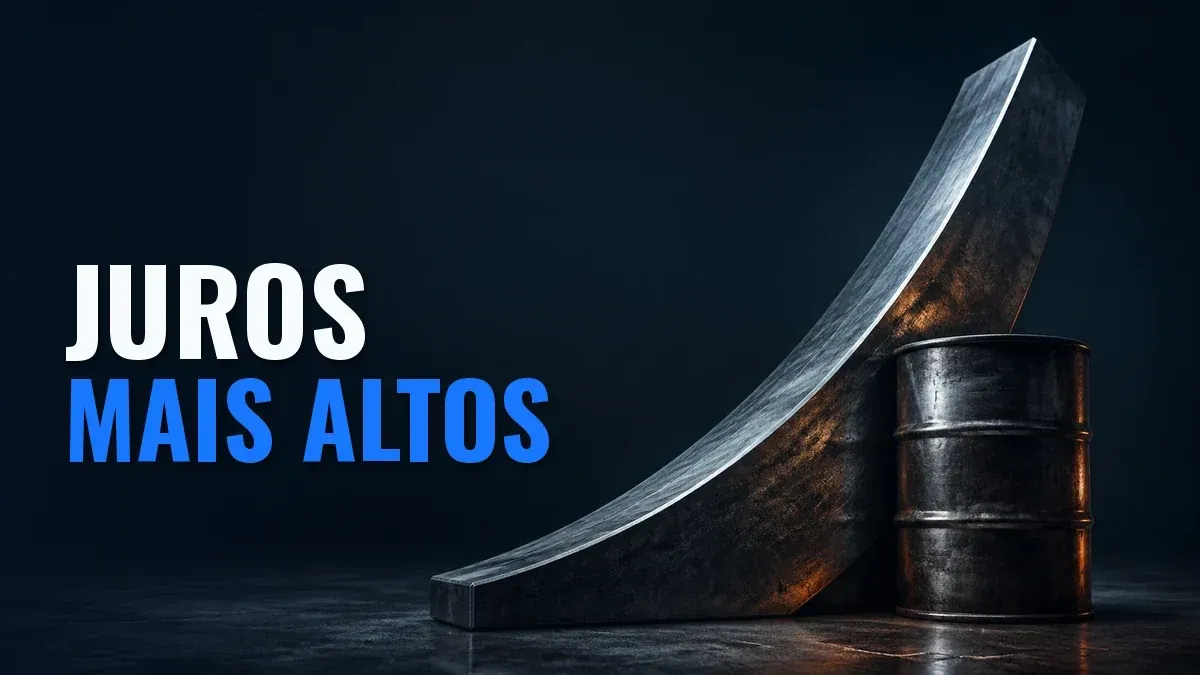 Barril metálico diante de uma curva de juros ascendente, com a chamada «JUROS MAIS ALTOS».