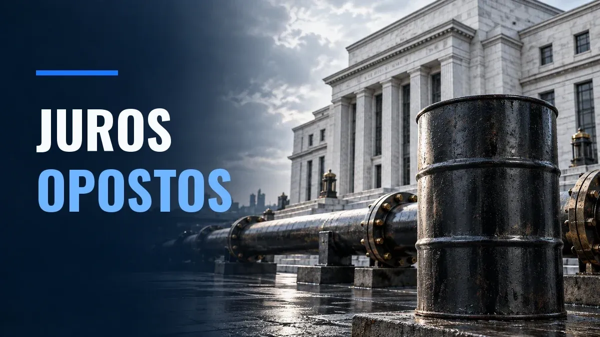 Barril metálico e tubulações diante de um edifício de banco central, com a chamada «JUROS OPOSTOS».