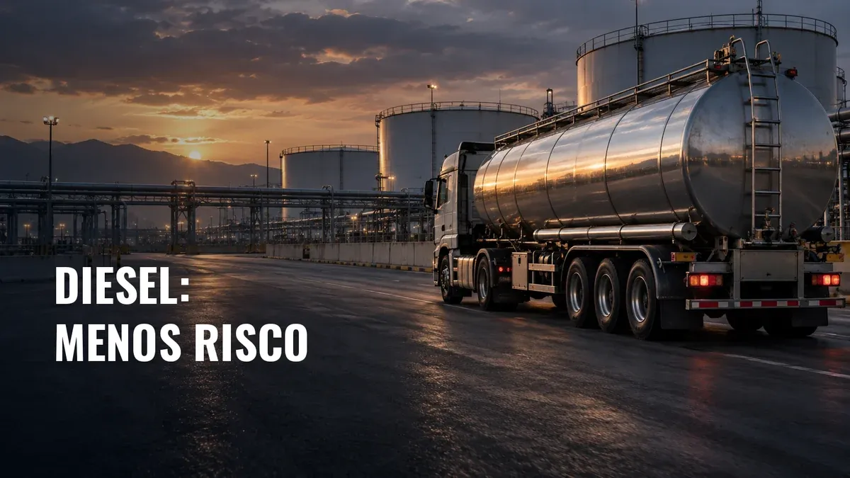 Caminhão-tanque em um terminal de armazenamento de combustíveis ao entardecer, com a chamada Diesel: menos risco.