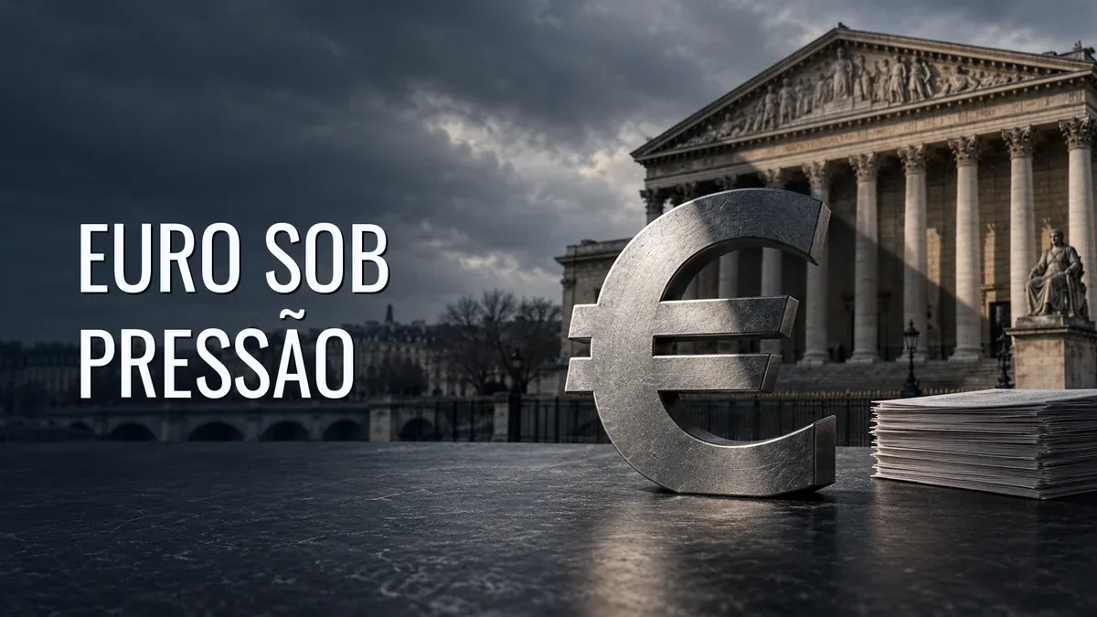 Símbolo metálico do euro sobre uma mesa, com papéis e uma fachada parlamentar francesa ao fundo.