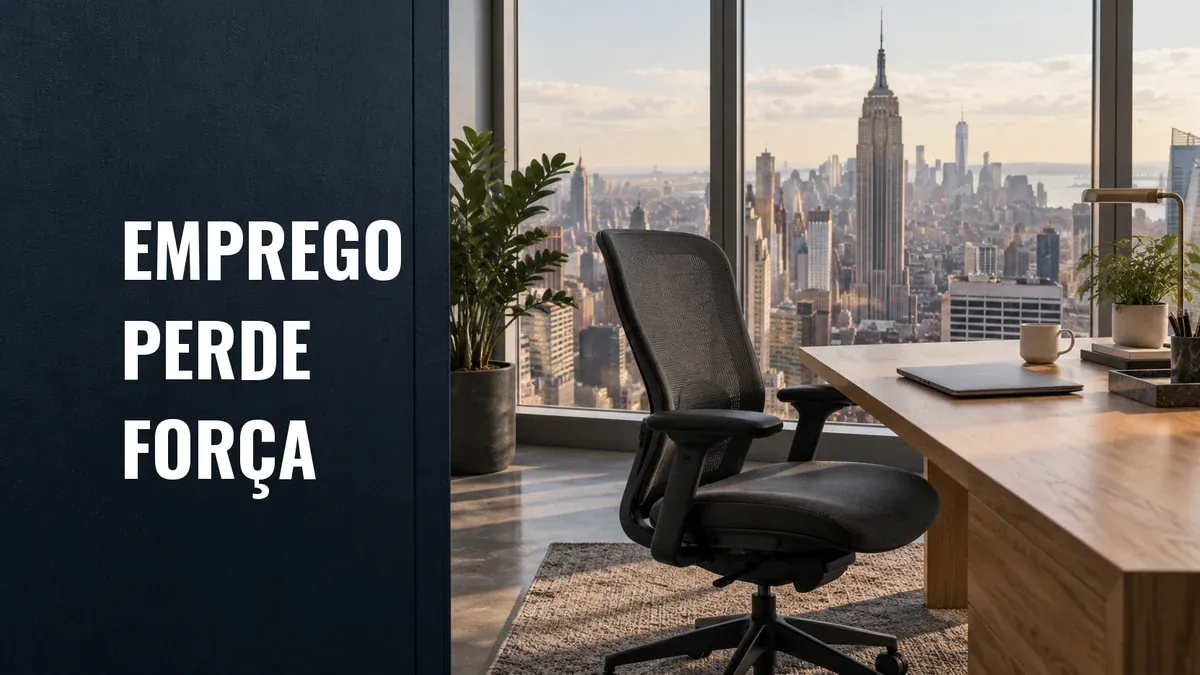 Cadeira de escritório junto a uma mesa com laptop fechado, diante de janelas com vista para Manhattan; chamada: Emprego perde força.
