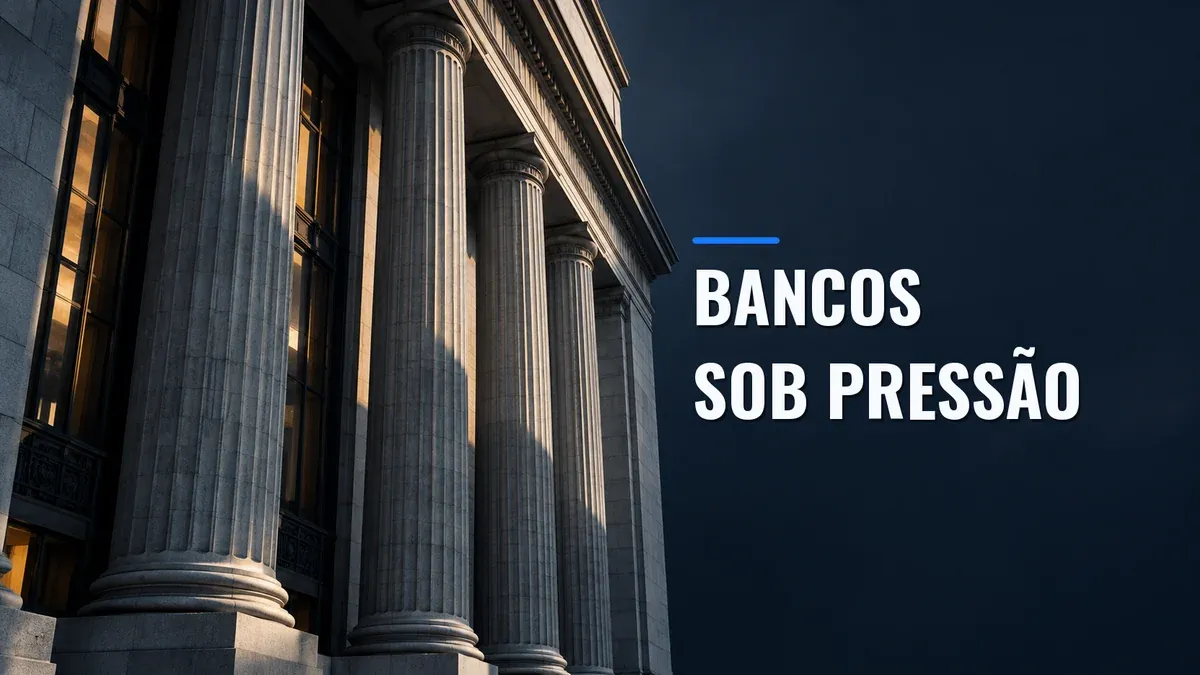 Fachada de um banco com colunas de pedra sob luz e sombra, ao lado da chamada Bancos sob pressão.