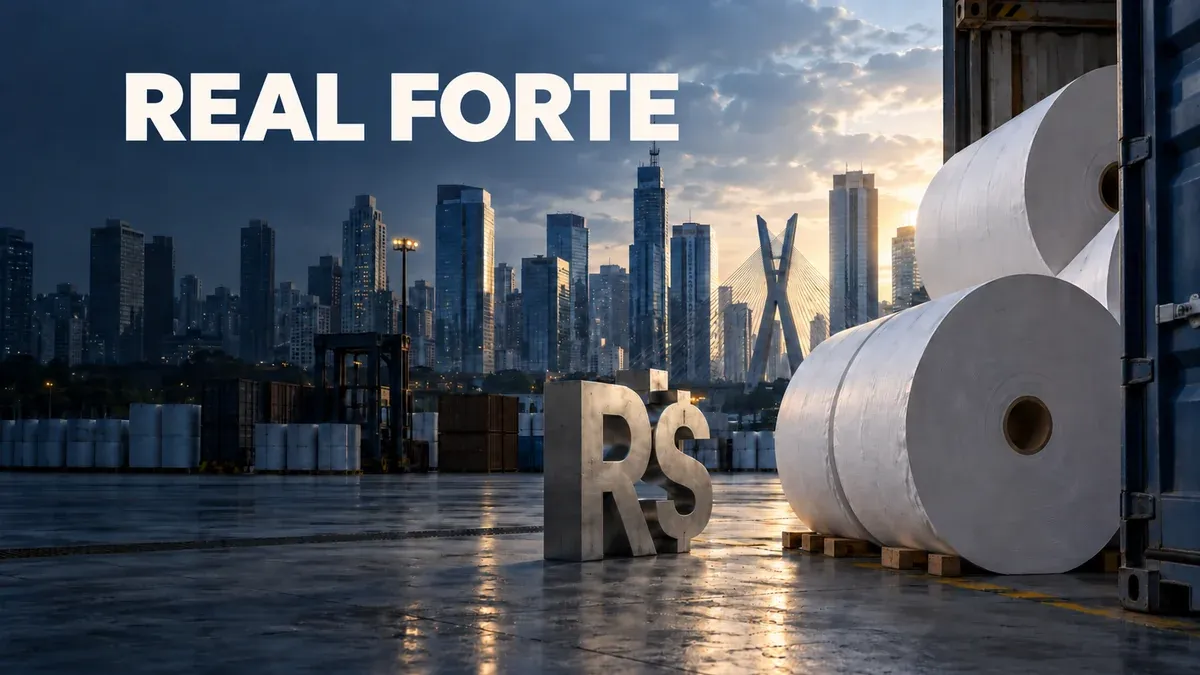 Bobinas de papel em área de exportação, símbolo do real e edifícios de São Paulo ao fundo.