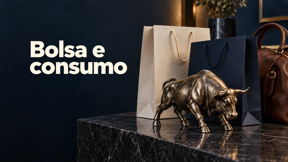 Escultura de touro diante de sacolas de compras e uma bolsa de viagem, com a chamada Bolsa e consumo.
