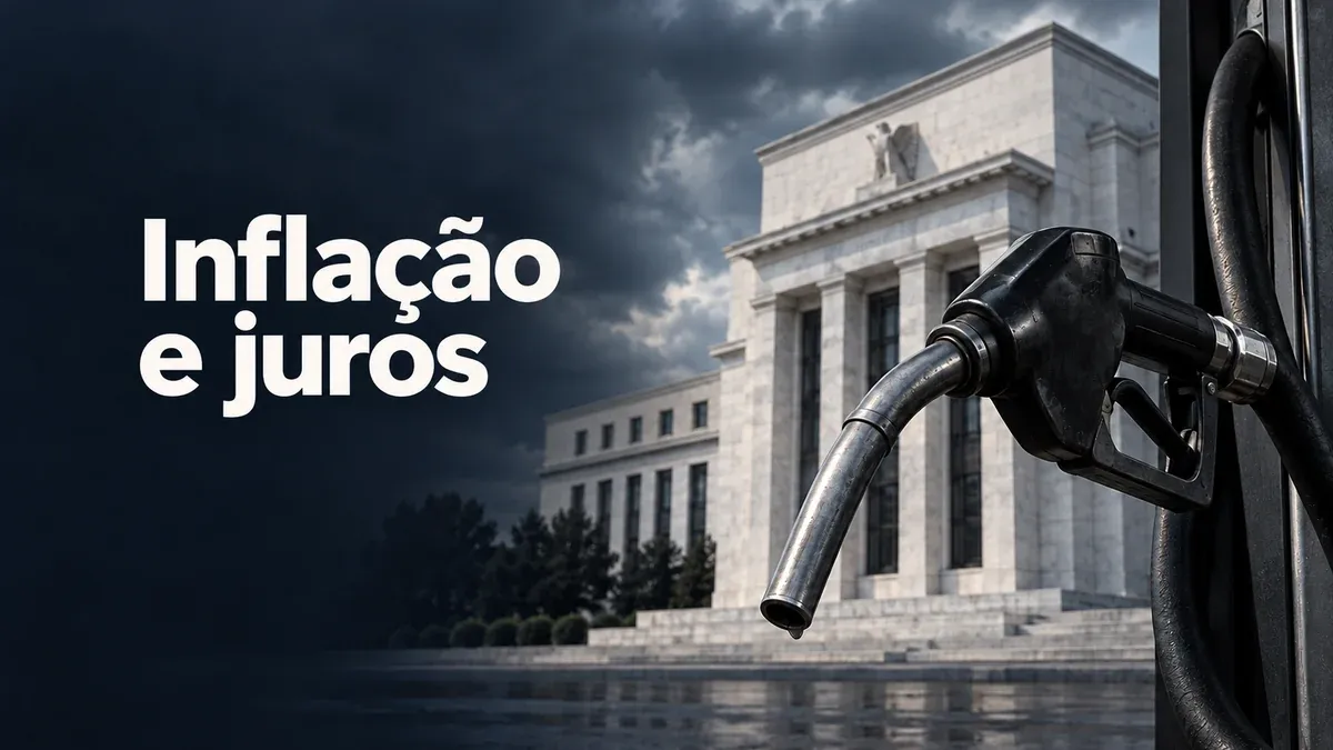 Bico de abastecimento de gasolina diante de um edifício de banco central, com a chamada Inflação e juros.