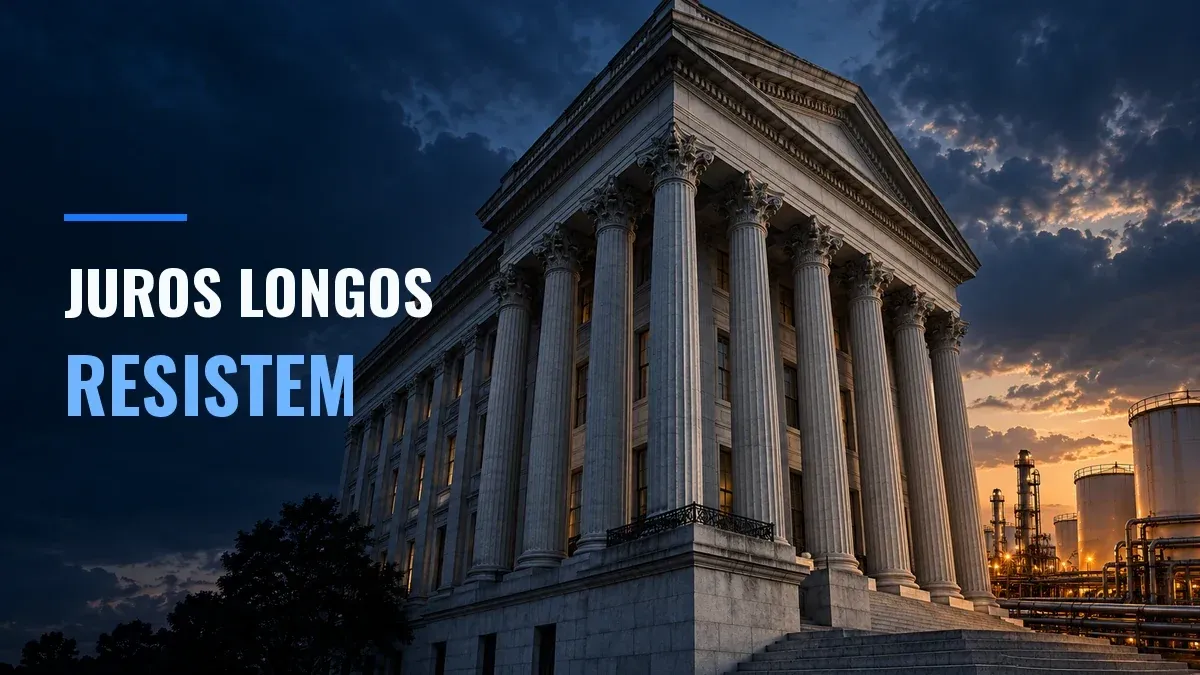 Edifício de colunas clássicas ao lado de tanques e estruturas de combustíveis, sob um céu escuro.