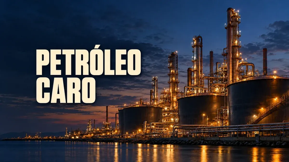 Tanques de petróleo e torres de uma refinaria iluminada ao anoitecer, com a chamada Petróleo caro.