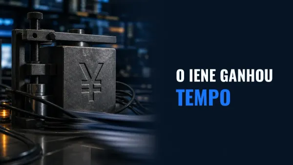 Bloco metálico com o símbolo do iene é estabilizado por uma prensa em uma mesa de câmbio, com a chamada O iene ganhou tempo.