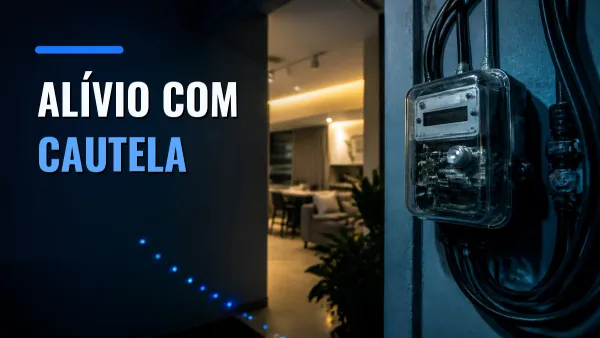 Medidor de eletricidade ao lado de uma sequência de luzes descendentes, representando o alívio do IPCA-15 e o ritmo cauteloso da Selic.