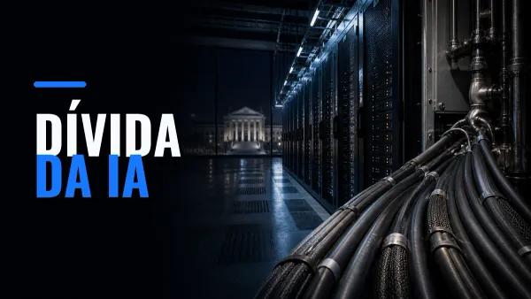 Data center escuro com feixes de cabos voltados aos servidores e um edifício institucional ao fundo, junto ao texto Dívida da IA.