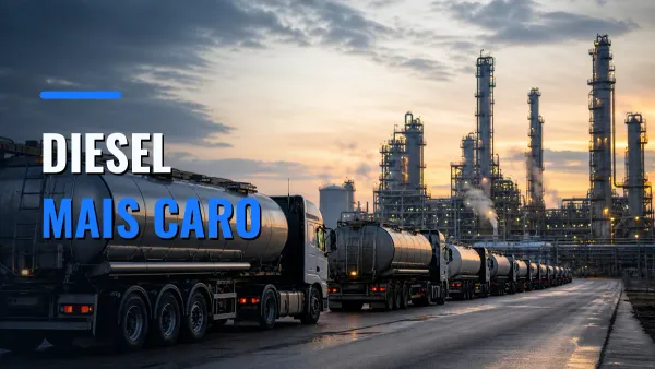 Caminhões-tanque diante de uma refinaria, representando a escassez de diesel e a pressão sobre custos e inflação.
