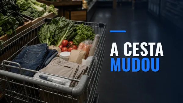 Carrinho de supermercado com verduras, roupas dobradas e uma caneta injetável genérica, ao lado do texto A cesta mudou.