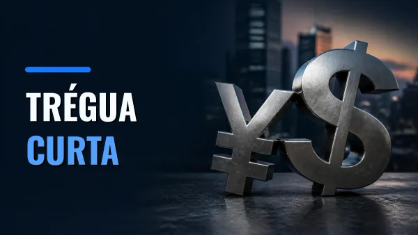 Símbolos metálicos do iene e do dólar em tensão, com o texto «TRÉGUA CURTA».