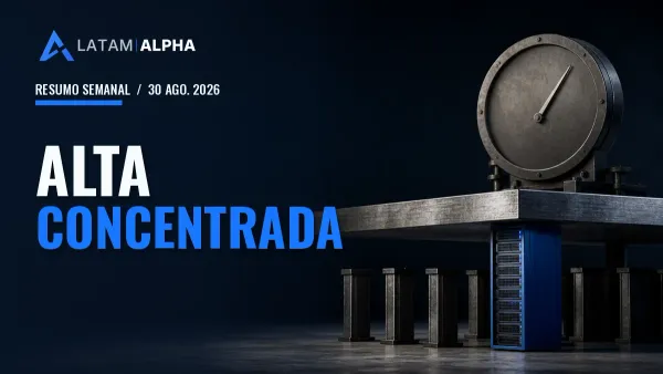 Plataforma metálica sustentada por uma única coluna tecnológica azul, com apoios laterais mais baixos e um medidor elevado, sob a chamada Alta concentrada.