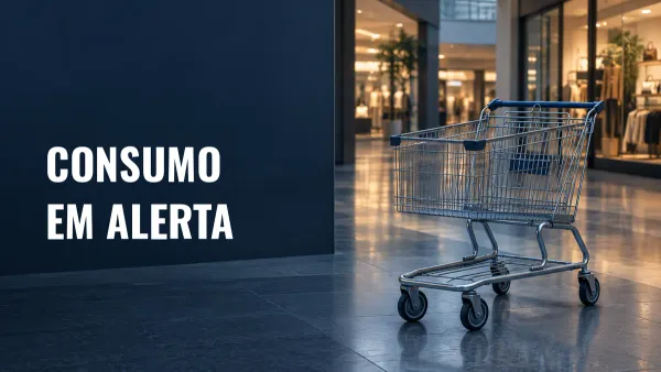 Carrinho de compras vazio em um corredor de lojas, com a chamada Consumo em alerta.