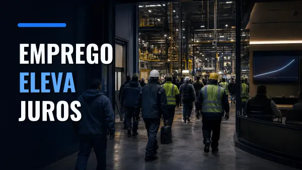 Trabalhadores entram em uma fábrica moderna; à direita, uma tela mostra uma curva ascendente, sob a chamada EMPREGO ELEVA JUROS.