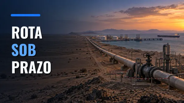 Oleoduto atravessa o deserto saudita rumo a um terminal no mar Vermelho, sob a chamada ROTA SOB PRAZO.