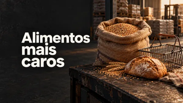 Saco de trigo, pão e cesta de compras sobre um balcão de armazém, com a chamada Alimentos mais caros.