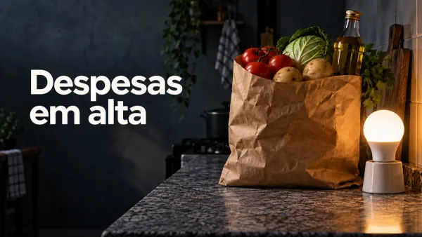 Sacola de papel com alimentos e uma lâmpada acesa sobre uma bancada de cozinha, junto à chamada Despesas em alta.