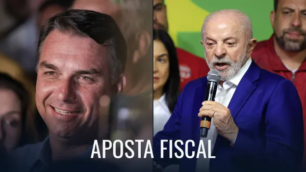 Montagem com Flávio Bolsonaro falando a jornalistas, à esquerda, e Lula ao microfone, à direita, em fotografias separadas da noite eleitoral.