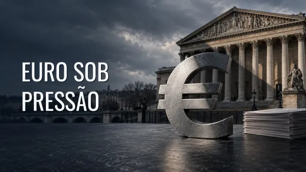 Símbolo metálico do euro sobre uma mesa, com papéis e uma fachada parlamentar francesa ao fundo.