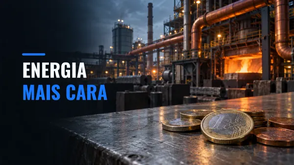 Moedas de euro sobre bancada metálica, com tubulações e forno industrial ao fundo.