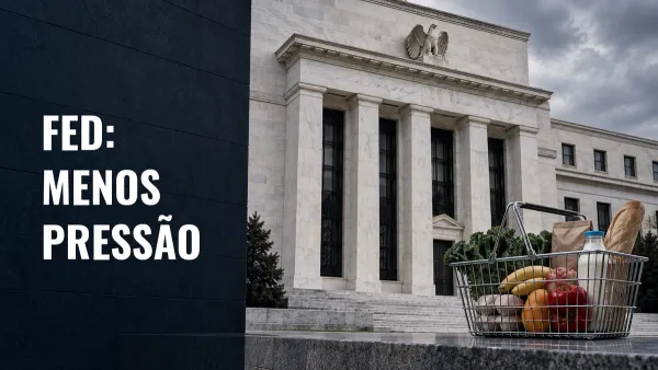 Cesta de compras com alimentos diante de um edifício de banco central, ao lado da chamada Fed: menos pressão.