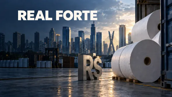 Bobinas de papel em área de exportação, símbolo do real e edifícios de São Paulo ao fundo.
