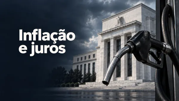 Bico de abastecimento de gasolina diante de um edifício de banco central, com a chamada Inflação e juros.