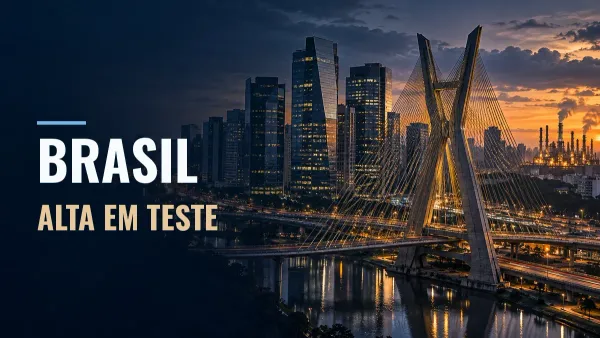 Composição com a ponte estaiada e edifícios de São Paulo ao entardecer, com instalações de energia ao fundo.