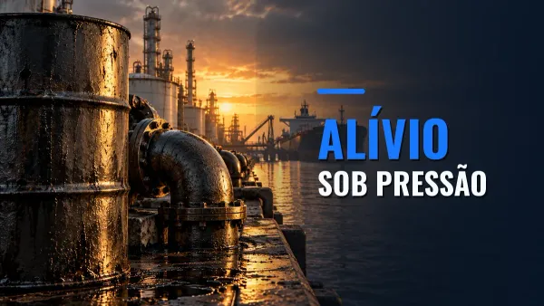 Barril e tubulações diante de um terminal de petróleo ao amanhecer, com a chamada Alívio sob pressão.